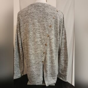 Olivia Sky - Heathered Gray V- Neck Sweater With Button Accent Back, Sz XLG